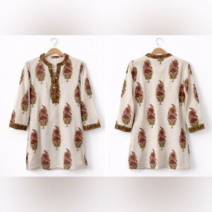 Cream Floral Block-Print Tunic with Red Accents
